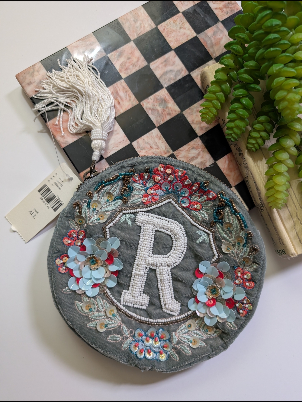 Anthropologie Embroidered Gray Pouch with Beaded 'R' Monogram and Tassel NWT